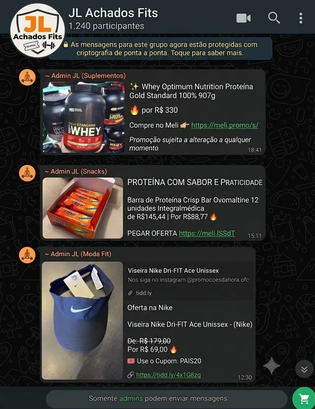 Print real do grupo JL Achados Fit no WhatsApp, mostrando ofertas enviadas